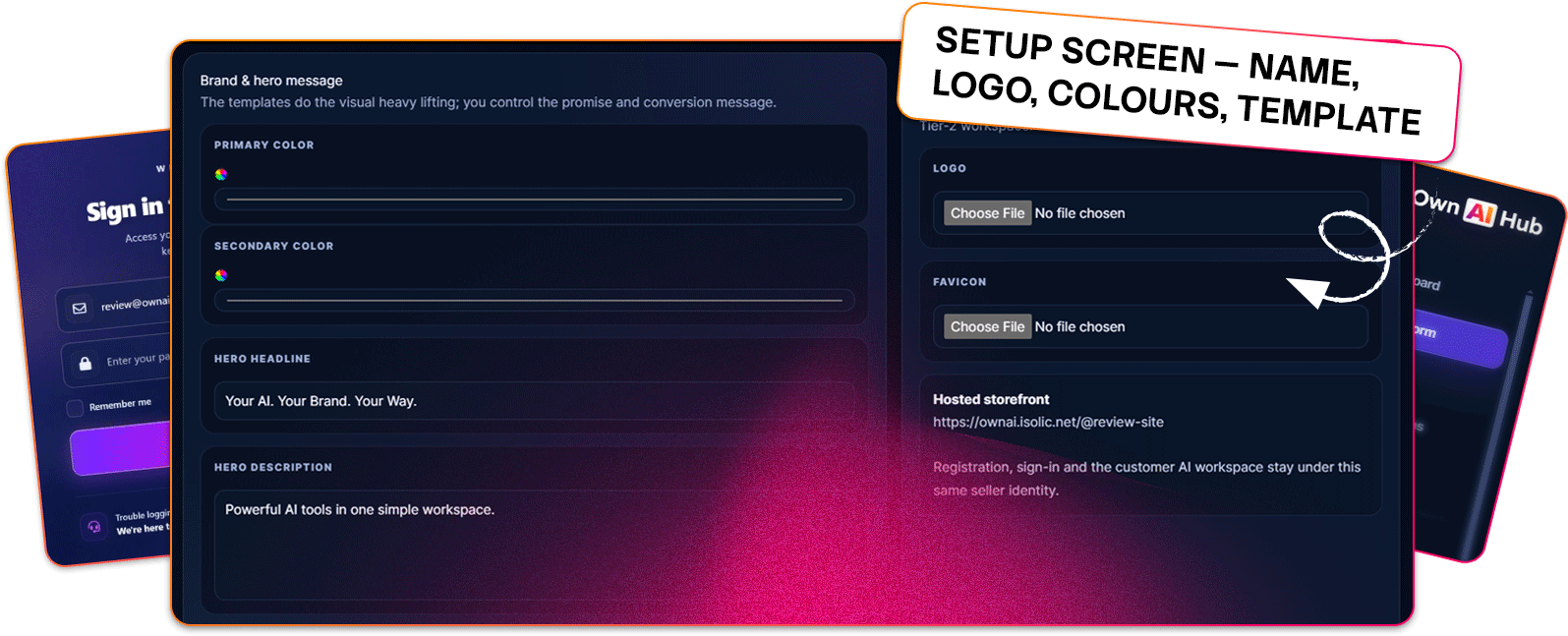 Official Own AI Hub setup interface showing branding and workspace options